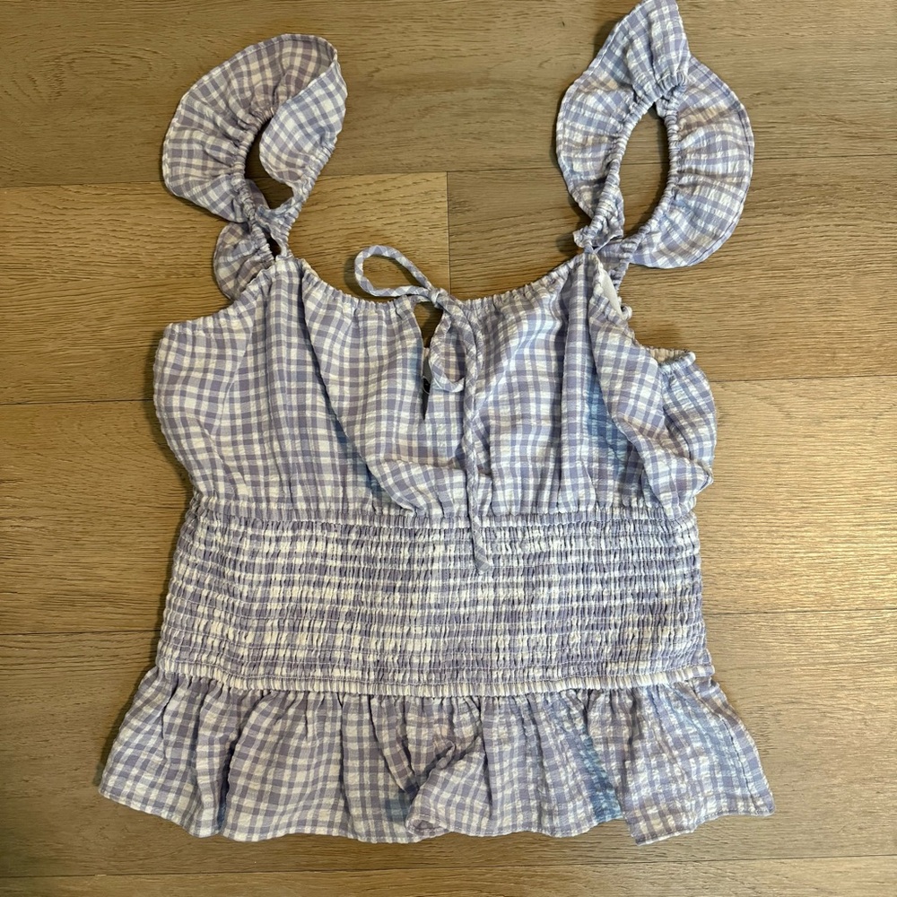 Wayf Purple White Gingham Smocked Top - M - NWT
